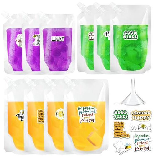 SHBAOCH 30 pochettes transparentes avec 1 entonnoir et 30 autocollants avec mots inspirants, pochettes étanches pour jus d'alcool, sacs à boissons, sacs essentiels de festival, flasque en plastique