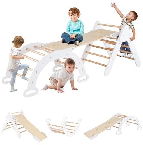 RELAX4LIFE 4 in 1 Triangolo da Arrampicata con Scivolo per Bambini, Arco da Arrampicata e Scala per Arrampicarsi in Legno, Montessori Giocattoli Bimbi 2 3 4 5 Anni (Bianco)