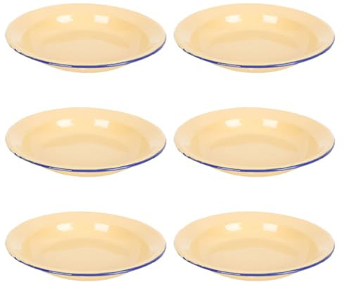 ABOOFAN Vintage Enamelware Dinner Plates Set 6pcs Round Picnic Serving Trays Enamel Salad Plates Unbreakable Wide Rim for Pasta Soup Rice
