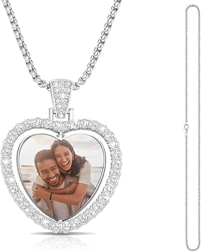 Getagift Personalised Photo Locket Pendant Necklaces For Men-Women, Rhinestone Trays Pendant, With Thick Chain, Silver Tone.