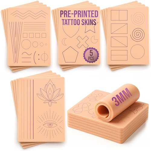 5 Pre-Printed Tattoo Practice Skins | Free Tutorial | 3mm Fake Skins for Tattooing (Apprentice Set of 5, Normal Skin)