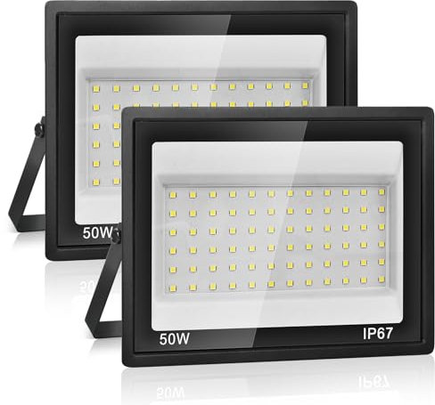 Foco LED Exterior 50W,Iluminación de Seguridad,7000K Blanco Frío,5000LM Super Brillante,IP67 Impermeable,72 LEDs,Foco de Exterior para Jardín,Patio,Garaje,Entrada de Coches,Taller,Pasillo (2 Piezas)