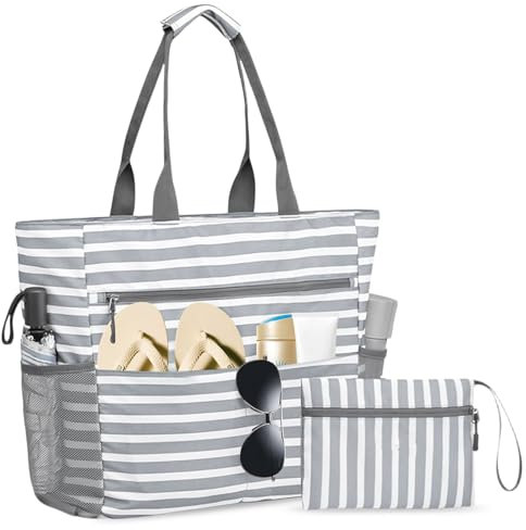 Zimoer Große Strandtasche mit Reißverschluss, Wasserdicht Badetasche Henkeltasche Damen Schultertasche Shoppertasche Schwimmbad Beach Tasche für Strand Sport Einkaufen Schwimmen Beach (Grau)