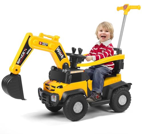 Trattore elettrico con pala, escavatore per bambini, 12 V, auto elettrica per bambini, con funzione musicale, veicolo per bambini con fari, per regali per ragazzi e ragazze (1-3 anni giallo)