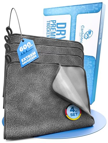 CARBOTEC® Mikrofasertücher 4er-Set – Trockentuch Dusche & Bad, streifenfreies Mikrofaser Handtuch für Duschkabine, Glas & Armaturen – Auto Trockentuch, Fensterputztuch & Poliertuch, Fast Dry