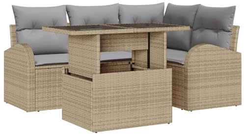 vidaXL 5-teiliges Garten-Sofa-Set mit Kissen in Beige aus Poly Rattan, verstellbare Beine für den Außenbereich, modernes Lounge-Sofa für Balkon und Terrasse