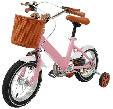 Babeenoo 12 Zoll Kinderfahrrad Tretfahrrad mit Stützräder und Korb Höhenverstellbar Kinder Fahrrad Kids Bike mit Fender und Klingel für Kinder von 2 bis 4 Jahren (Rosa)
