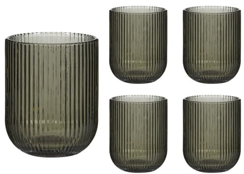 Set of 4 Ribbed Tumbler Glasses 270ml Retro Mid-Century Modern Style Rippled Finish Dishwasher Safe Drinking Glasses Alfresco Dining Cocktail Tumbler Glass Glassware Set (Grey)