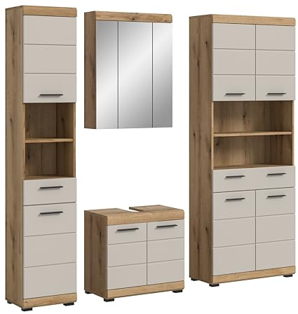 xonox.home – Badkombination Scout 201x191x34 cm in Evoak Oak und Kaschmir Nachbildung matt – Umfangreiche Badezimmerkombination mit Stauraum – modern & stilvoll