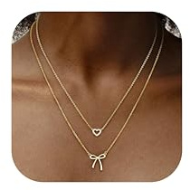 Dochais 2Pcs Schleife Herz Halskette Damen Gold Kette Damen 14 Karat Vergoldet Goldketten Herz Anhänger Kette Verstellbar Gold Nacklace Stapelbare Doppel Layering Halskette Schmuck für Frauen Mädchen