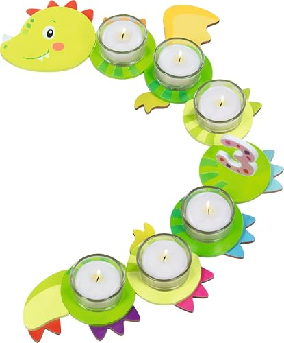 goki 60656 Geburtstagsdrache Taro – Holz Geburtstagszug mit 6 Teelichthaltern & Zahlen 1–10, 19-teiliges Deko-Set für Kindergeburtstage