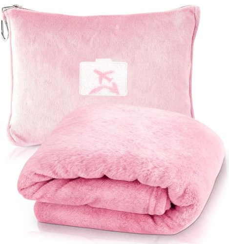 Weiche & Warme Reisedecke für Flugzeug & Auto, 2 in 1 Reisedecke & Kissen mit Rucksackclip, Flugzeugdecke Kuscheldecke Kopfkissenbezug Kompakte Kissen Decke für Flugzeug, Auto, Büro (Rosa)