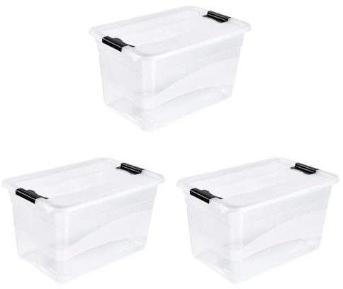 keeeper cornelia 3x Aufbewahrungsbox mit Deckel und Schiebeverschluss, 59,5 x 39,5 x 34 cm, 52 l, Transparent