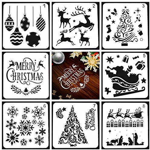 Lot de 8 pochoirs de peinture réutilisables Motif Père Noël Sapin de Noël Renne Flocon de neige Creux Fournitures de scrapbooking