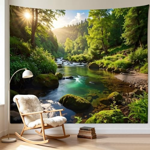 Dsnyu Wandteppich Wald Sonne, Wandteppich Grün Gold Wandvorhang Landschaft | Baum Seen Natur Wall Hanging Decor 200x200cm
