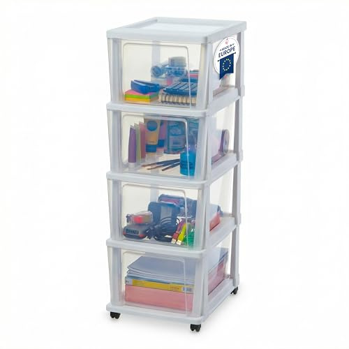 Iris Ohyama, Rollcontainer Kunststoff auf Rollen, 4 Grosse Schubladen, Weiß, Leichtes Öffnen, Aufbewahrung, für Badezimmerschrank, Zimmer, Organizer, BPA-frei, KMC-304