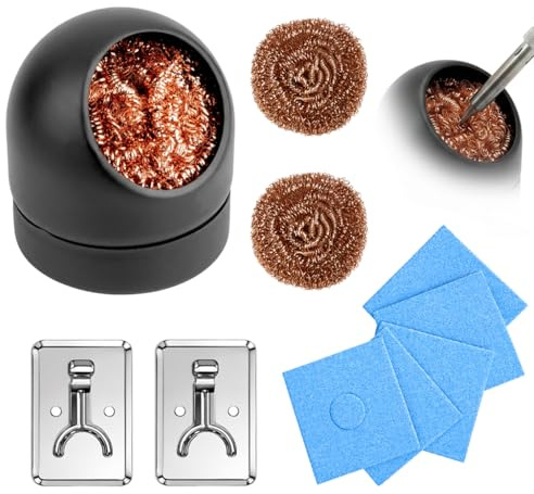 Soldering Iron Tip Cleaner Kit, Metal Holder, 3 Brass Coils, 5 Sponges | Black Holder, Dry Brass Cleaning and Damp-Sponge Options, Helps Remove Residue and Maintain Tips at Soldering Stations