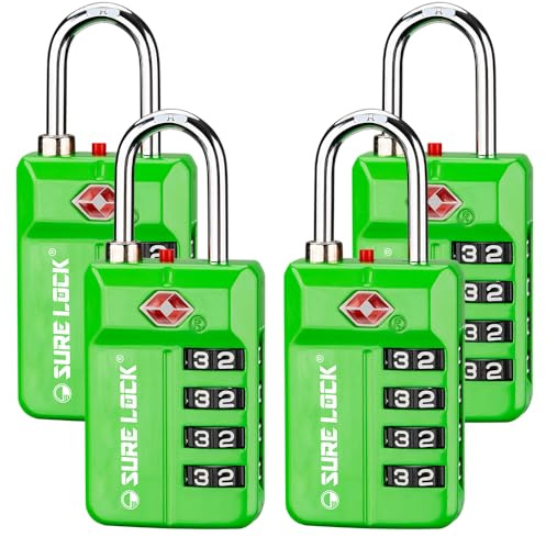 SURE LOCK TSA Approved Travel Luggage Locks, Open Alert Combination Lock for School Office & Gym Locker,Toolbox, Pelican Case,Easy Read Dials- 1, 2 & 4 Pack, Green 4 Pack, L, Compact