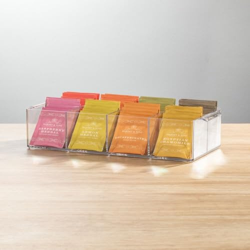mDesign Kompakter Kunststoff-Tee-Organizer - 8 geteilte Abschnitte, integrierte Griffe - Halter für Teebeutel, kleine Packungen, Süßungsmittel - BPA-frei, 2 Stück - transparent