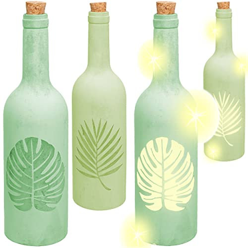 alles-meine.de GmbH Glas - LICHT Dekoflasche - 5 Stück LED - Tropische Blätter/Monstera Blatt/Palmen - grün - Lichtflasche/Flasche mit Licht - 30 cm - Batterie betrieben - ..