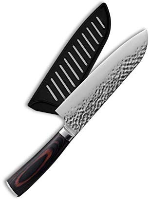 hajegato Japanisches Kochmesser, professionell, gehämmert, 17,8 cm, Santoku-Küchenmesser, 7cr17, deutscher Hartstahl, Korrosionsschutz- und Anlaufschutzklinge mit Scheide