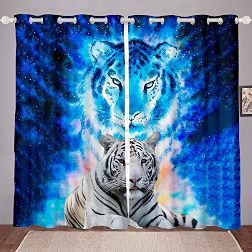 Loussiesd Tiger Drucken Fenstervorhang 245x140cm Wildtier Thema Blickdichte Vorhänge Dekord Blaue Galaxie Vorstehend Für Kinder Erwachsene Wildtiersafari Katzendruck Raumdekoration 2er-Pack