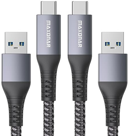 Maxonar Paquete de 2 cables de carga USB C 10Gbps Data USB A Android Auto Cable QC3.0 3.1A Tipo C Carga rápida Transferencia de datos para Samsung Note20 Galaxy S23 PS5 Z Flip 5 Pixel 8 Pro 3M/10ft