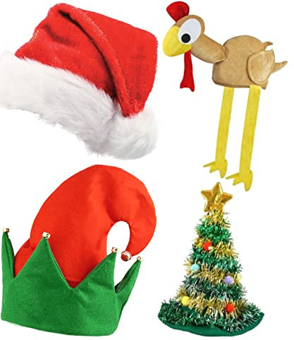 Dreamzfit - 4 Pack Christmas Hats Santa Turkey Elf Tree Hat Xmas Holiday for Adults Christmas New Year Festive Holiday Party Office Event Head Wear