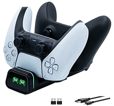 Controller Ladestation für PS5, Controller Ladegerät Kompatibel für Ps5, Xbox Elite 2, N-Switch Pro und Google Controller mit 2 Dongle Typ C Adaptern und LED-Anzeigeleuchten