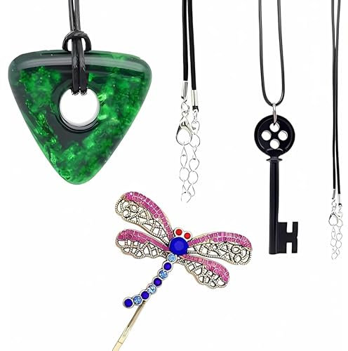 ASVP Shop Looking Stone Necklace, Skeleton Key Necklace & Dragonfly Hair Bobby Pin, Leather, resin