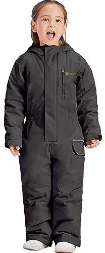 GEMYSE Mono de esquí para niño con Capucha Traje de nieve de una pieza de Invierno Impermeable y Cálido(Negro,128-134)