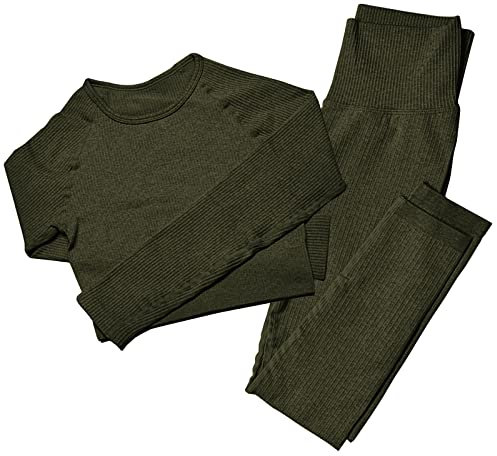 Mayround Nahtlose Frauen Yoga Sets 2 Stück Gerippt | Langarm Top und Hohe Taille Leggings Gym Kleidung Set | Damen Sportswear Set(Olivgrün,M-L)