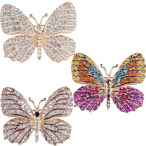 YUEMING 3 Stück Brosche Set, Schmetterling Brosche Kristall Brosche, Schmetterling Brosche Anstecker für Frauen Mädchen Geburtstagsgeschenk Hochzeit Weihnachten Party Liefern