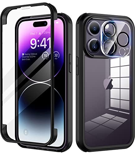 seacosmo for iPhone 14 Pro Max Case 6.7 Inch, Full-Body Shockproof Case with Built-in Glass Screen Protector and Camera Lens Protector Rubber Bumper Case Cover for iPhone 14 Pro Max 2022- Black/Clear