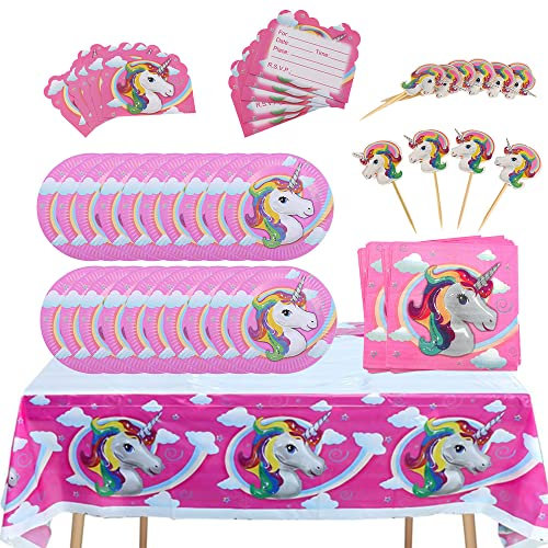 UYUYong Partygeschirr Einhorn Set 61 Stück Einweggeschirr Geburtstag Papier Teller Servietten Einhorn Tischdecke Kuchen Karte Kinderkarte Mädchen Babyparty Deko Kind Party Weihnachten