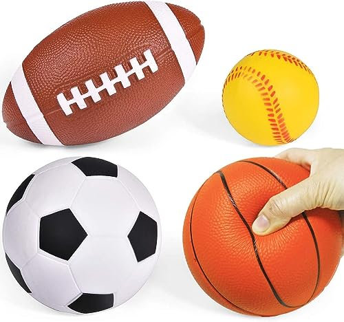 COO11 4Pcs Soft PU Foam Sports Balls, Lightweight Indoor and Outdoor Toy Set with Football, Basketball, Soccer and Baseball Designs, Safe and Fun for Kids Ages 3+
