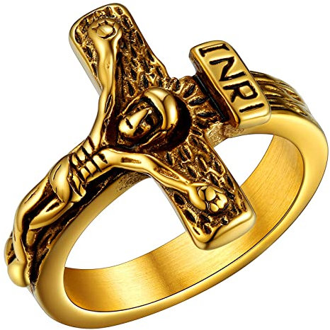 FaithHeart INRI Jesus Fingerring für Herren Jungen goldener Kreuz Ring in Größe 59.5 für Geburtstag Weihnachten Valentinstag