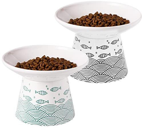 OMAYKEY 6.25 Inch Extra Wide Ceramic Raised Cat Bowls, Elevated Cat Bowls for Food & Water, Wide Shallow Cat Food Dish, Whisker Fatigue, Stress Free, Protect Spine, Black & Green Fish