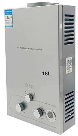 ECUTEE Calentador de agua de gas licuado LPG de 18 L, 36 kW, calentador de agua instantáneo sin depósito, con cabezal de ducha galvanizado y manguera de ducha, para camping al aire libre y ducha con