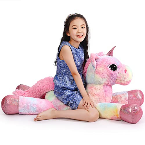 Yeqivo Giocattoli di Unicorno Gigante Peluche Animali di Peluche di Unicorno Viola Grande Arcobaleno Unicorn Plush （Rosa Arcobaleno,110CM）