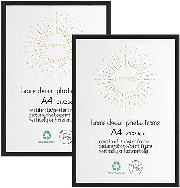 LYYYYX Bilderrahmen A4 Schwarz Aluminium Fotorahmen mit Acrylglas zum Senkrechten Oder Waagerechten Aufhängung/Stellen Bilderrahmen for Fotos, Poster, Puzzles(2er Set)