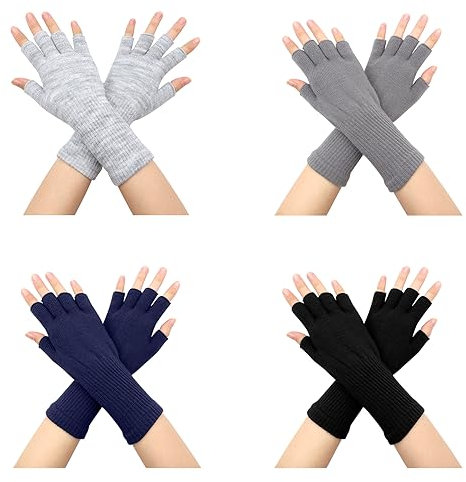VEGCOO Mitaines Femme Homme, 4 Paires de Gants Tricotés Hiver Demi-doigt pour Femme et Homme