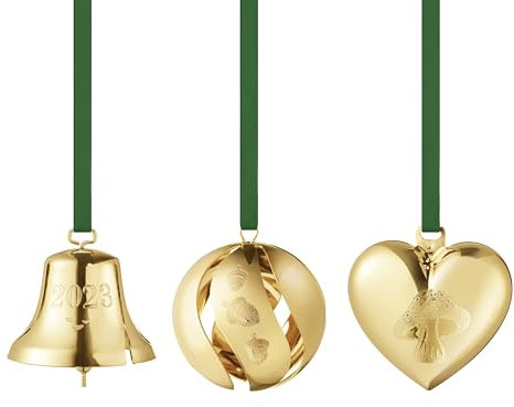 Georg Jensen 2023 Geschenkset mit Glocke, Kugel und Herz - 18 Karat Gold Plattiert Ornamente - Weihnachten Hängende Dekoration - 3 Stück
