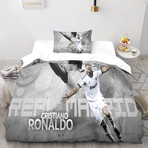 LSORU Ronaldo Bettwäsche Set Bettbezug Set Für Kinder Jungen Mädchen Weich Atmungsaktiv Microfaser Betten Set Mit Reißverschluss Und Kissenbezug 3 Teilig Sets Single(135x200cm)