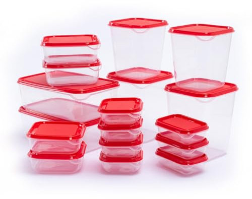 ASPIRE UK 17 Pack Food Storage Container Set Red BPA Free Reusable Plastic Container Airtight Leak-Proof Safe Perfect for Meal Prep and Lunches