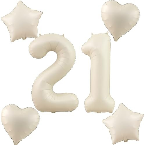 Beige Luftballons Zahl 21+4 pcs herz/stern Folienballon Zahl 21 .Geburtstag frau mädchen,40 Riesenzahl Ballons 21 .geburtstagsdeko mann,Zahlenballon 21, Helium Ballons 21 Zahlen Luftballon
