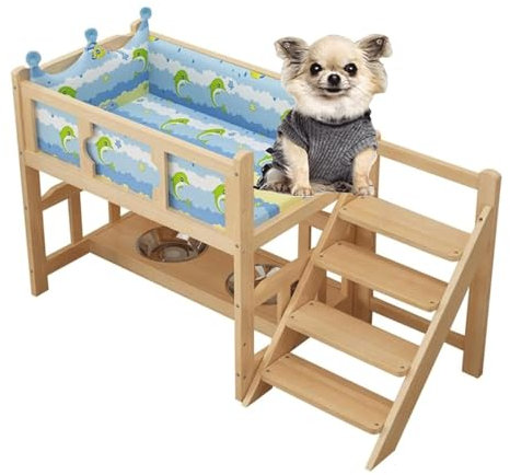 SAAKO Hundebetten 2-lagiges Hundebett, Hundebettrahmen aus Holz, erhöhtes, kühlendes Haustierbett mit Treppe und Leitplanke, Hundenapf für kleine und mittelgroße Haustiere Robuste Struktur