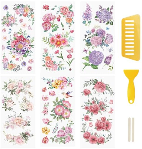 WANDIC 6 Blatt Transferaufkleber Zum Aufreiben, Frühlingsblumen-Aufkleber, Wasserfeste Aufkleber, Möbel- Und Handwerksaufkleber Für DIY-Scrapbooking