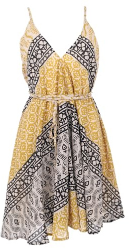 GURU SHOP Wandelbares Minikleid aus Baumwolle, handbedruckt, weit | Luftiges Sommerkleid, individuell tragbar, 100% Baumwolle, Blockdrucktechnik, angenehm zu tragen, vielseitig kombinierbar.