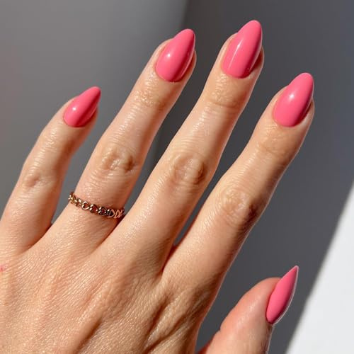 Glamnetic Press On Nails - Flamingo Pink | Opaque Classic Pink Short Almond Fake Nails, Reusable | 15 Sizes - 30 Nail Kit